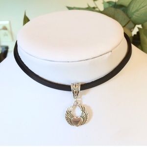 Angel love heart wings and  black leather choker